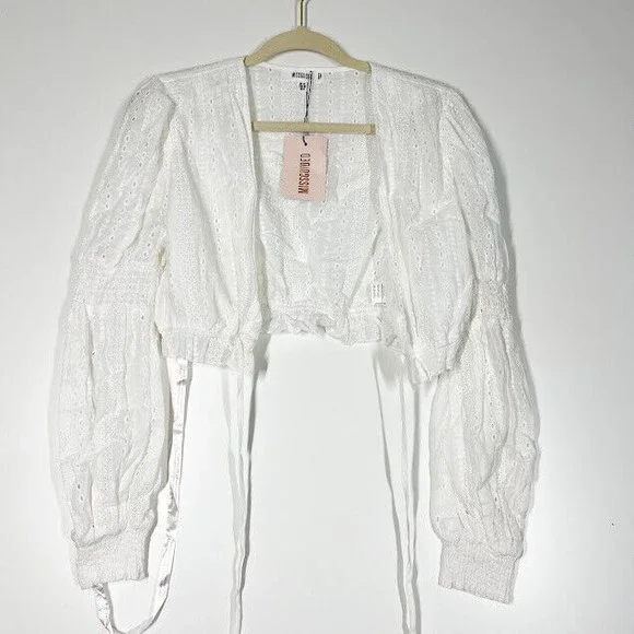 Missguided Women White Cord Broderie Tie Crop Top Eyelet Plunge V-Neck 6 NWT - Picture 2 of 12